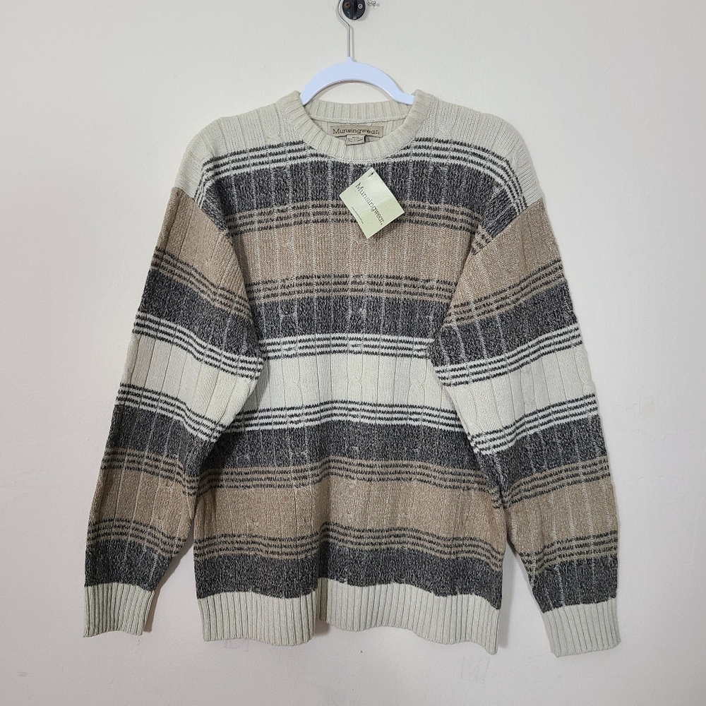 Munsingwear Vintage Mens M Striped Cable Knit Sweater‎ Neutral Grandpacore NWT